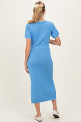Blue Knit Contrast Stitch Detail Maternity Midi Dress