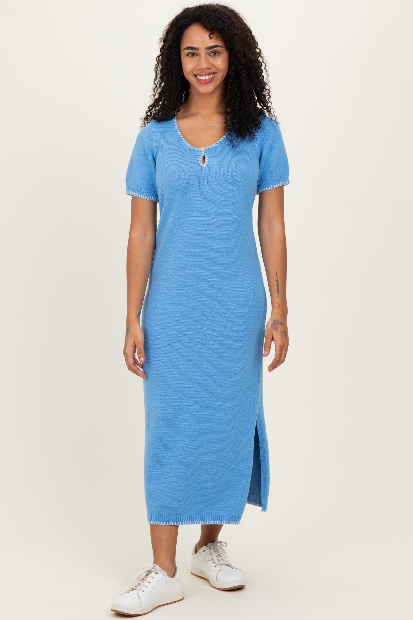 Blue Knit Contrast Stitch Detail Midi Dress
