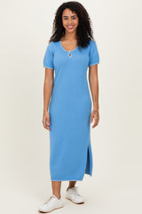 Blue Knit Contrast Stitch Detail Midi Dress