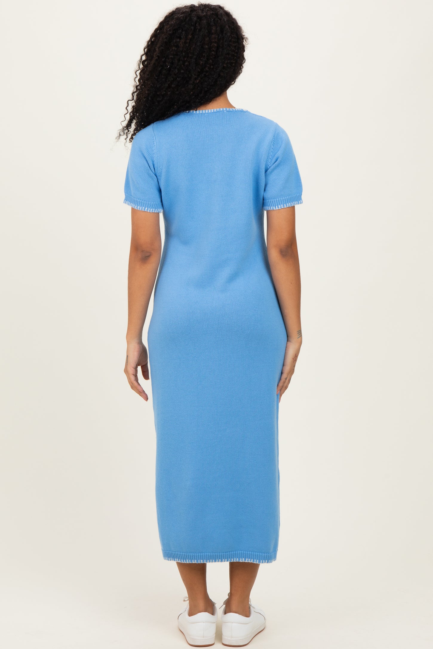 Blue Knit Contrast Stitch Detail Midi Dress