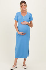Blue Knit Contrast Stitch Detail Maternity Midi Dress