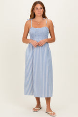 Blue Striped Smocked Shoulder Tie Midi Dress