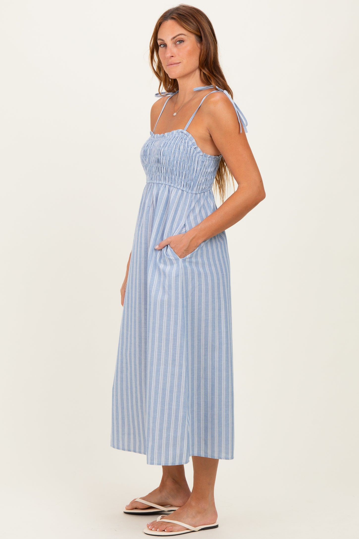 Blue Striped Smocked Shoulder Tie Midi Dress