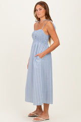 Blue Striped Smocked Shoulder Tie Midi Dress