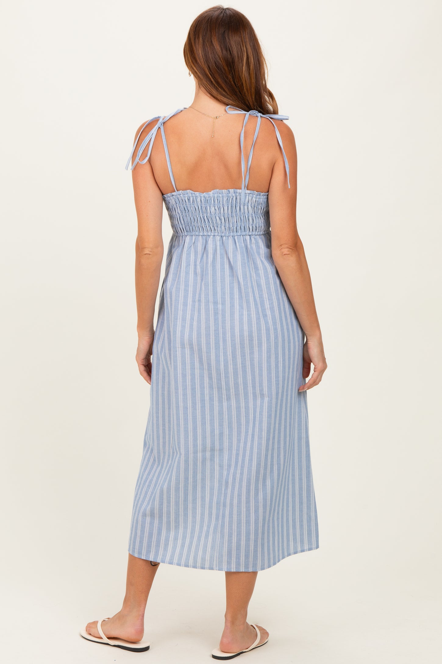 Blue Striped Smocked Shoulder Tie Midi Dress