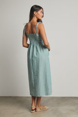 woman wearing a teal and white striped smocked midi dress with adjustable straps and a relaxed fit, viewed from the back