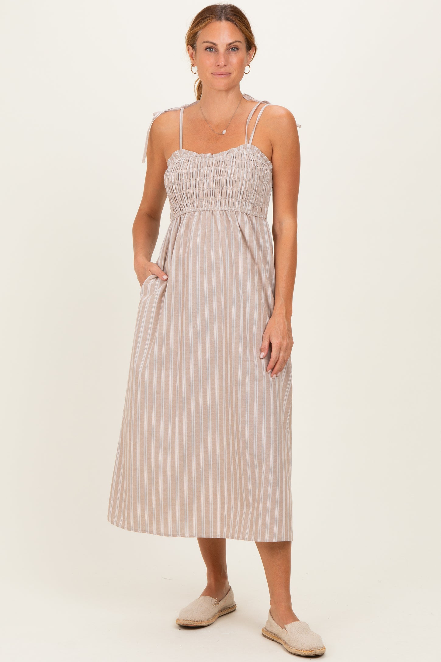 Mocha Striped Smocked Shoulder Tie Midi Dress