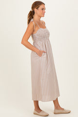 Mocha Striped Smocked Shoulder Tie Midi Dress