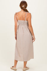 Mocha Striped Smocked Shoulder Tie Midi Dress
