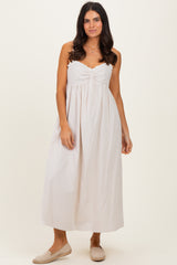 Taupe Ruffle Trim Sweetheart Neckline Midi Dress