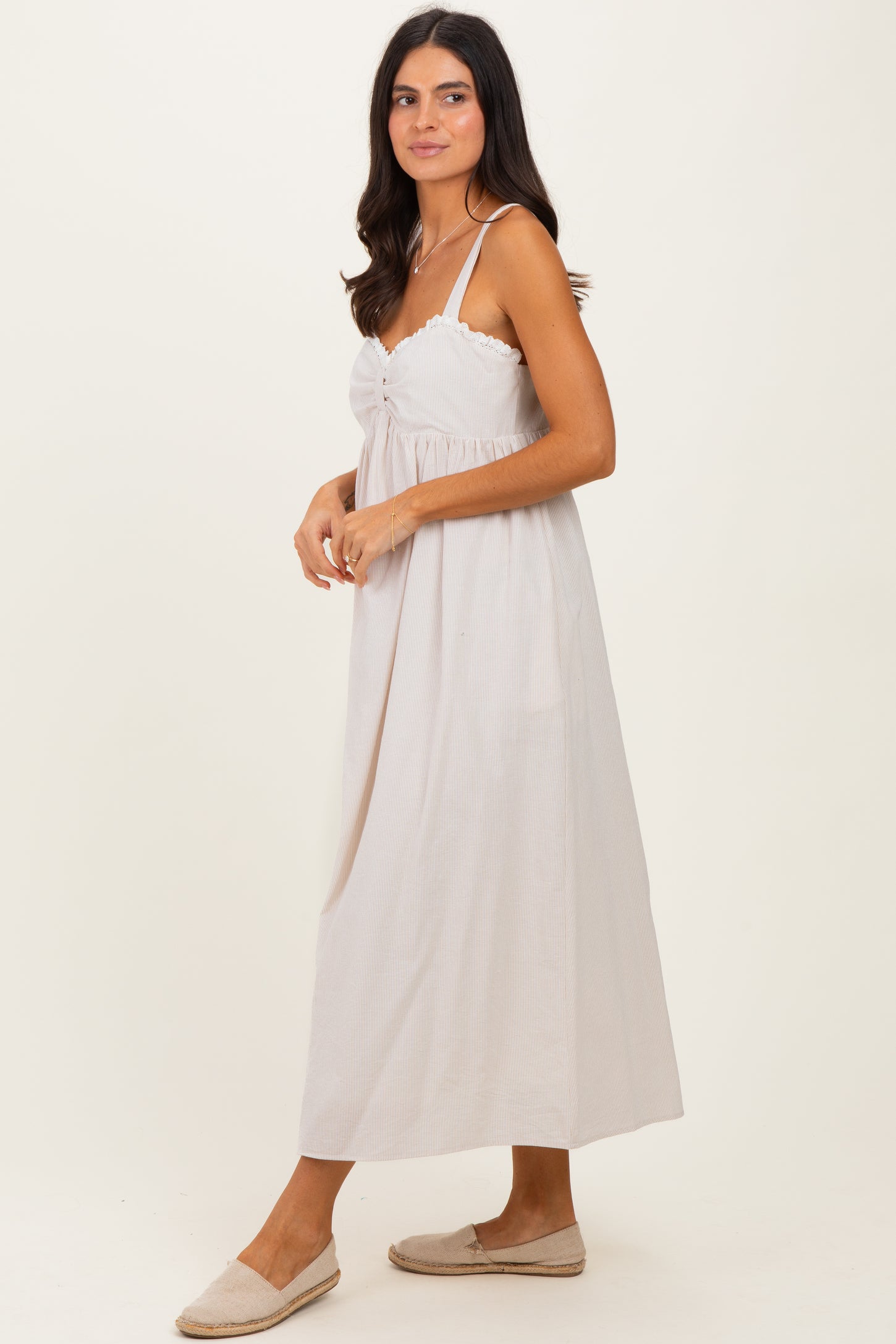 Taupe Ruffle Trim Sweetheart Neckline Midi Dress