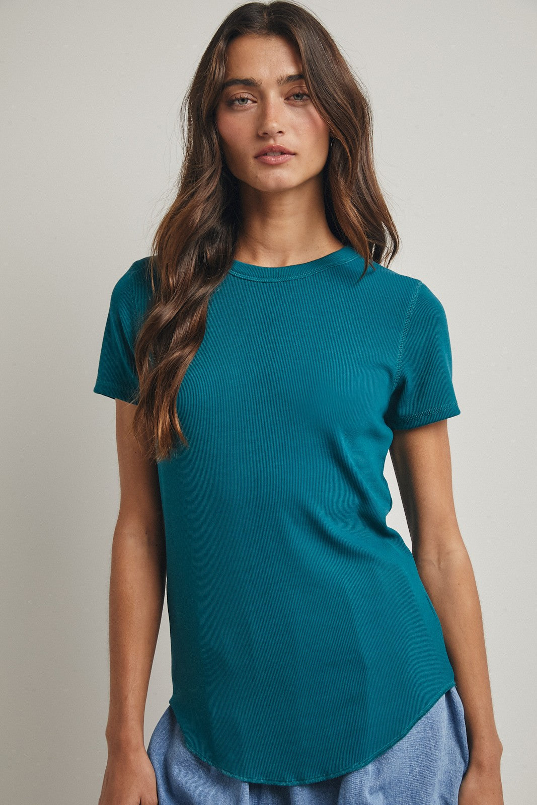 Teal Ribbed Short Sleeve Curved Hem Top