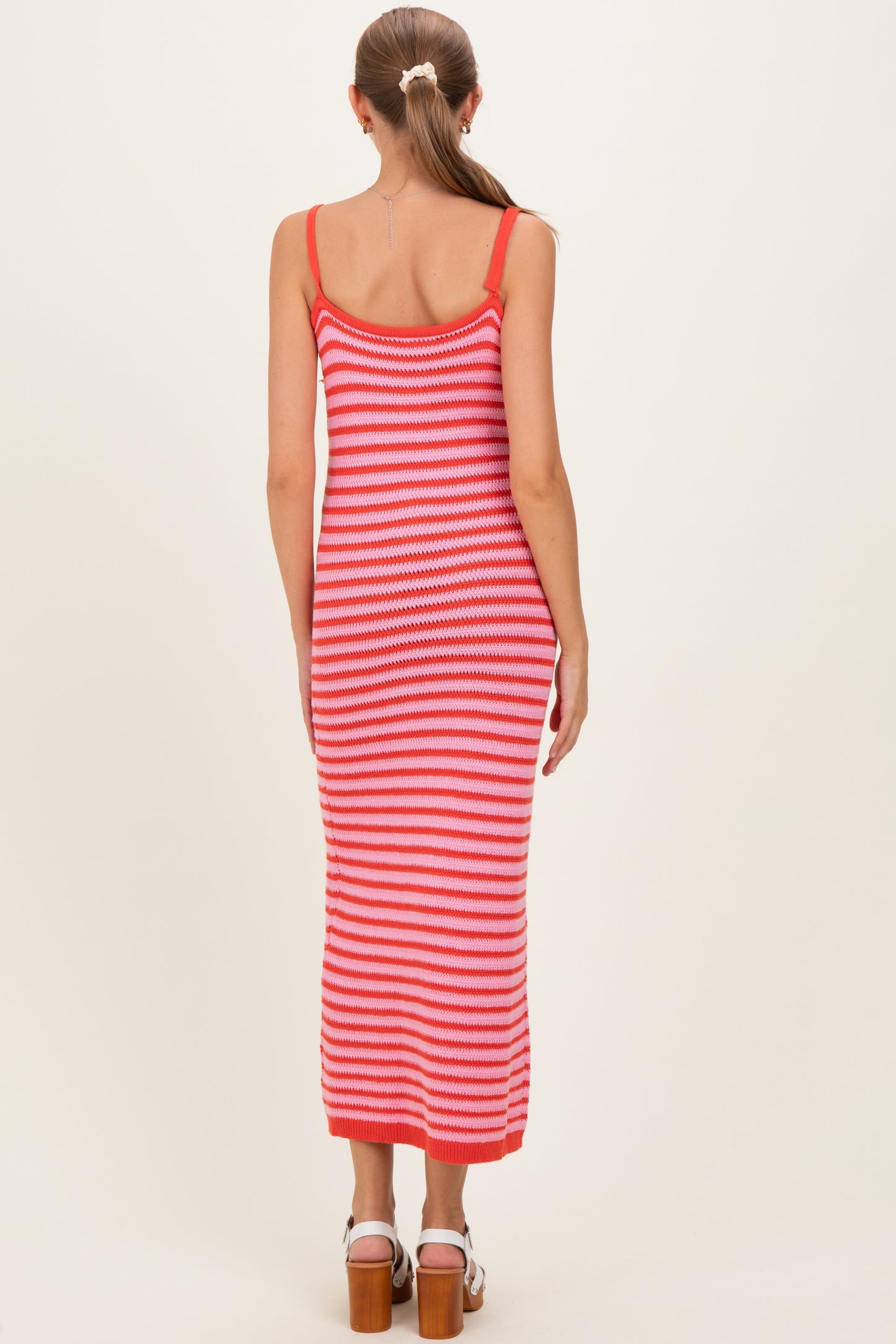 Pink Striped Knit Shoulder Tie Maternity Maxi Dress