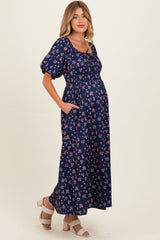 Navy Floral Puff Sleeve Tie Front Maternity Midi Dress
