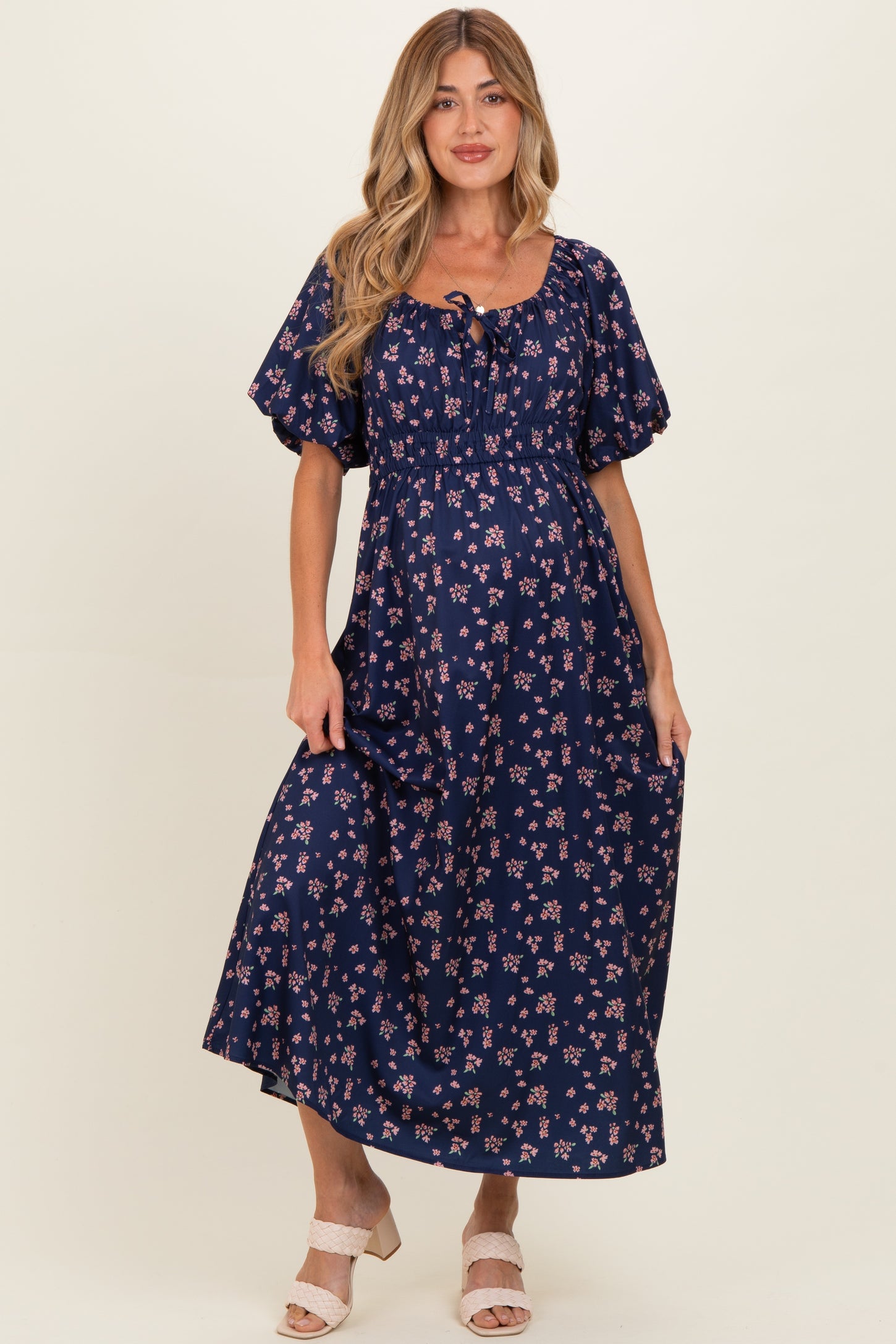 Navy Floral Puff Sleeve Tie Front Maternity Midi Dress
