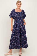 Navy Floral Puff Sleeve Tie Front Midi Dress