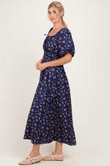 Navy Floral Puff Sleeve Tie Front Midi Dress