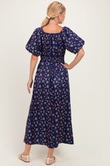 Navy Floral Puff Sleeve Tie Front Midi Dress