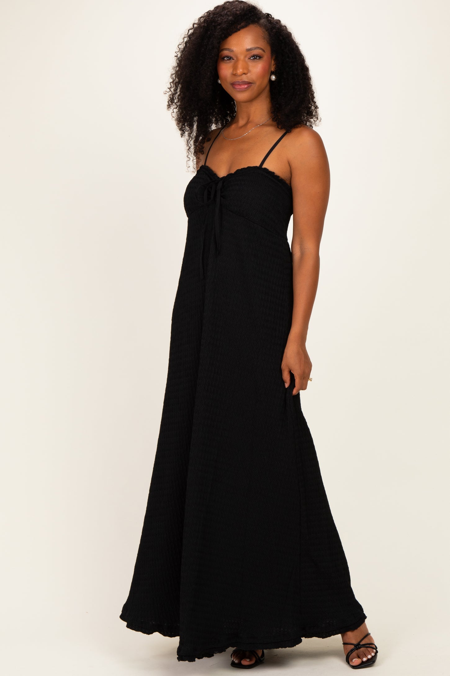 Black Waffle Knit Sweetheart Neckline Sleeveless Maxi Dress