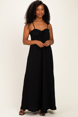 Black Waffle Knit Sweetheart Neckline Sleeveless Maxi Dress