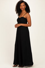 Black Waffle Knit Sweetheart Neckline Sleeveless Maxi Dress