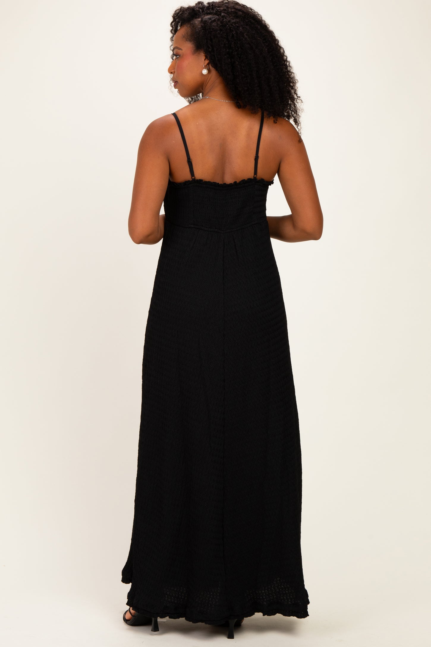 Black Waffle Knit Sweetheart Neckline Sleeveless Maxi Dress