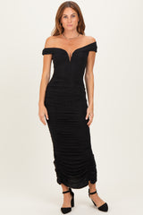 Black Glitter Ruched Off Shoulder Maternity Midi Dress