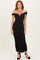 woman wearing a black off-the-shoulder fitted evening dress with a ruched design and plunging neckline
