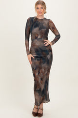 Brown Mesh Multicolor Brush Stroke Print Maxi Dress