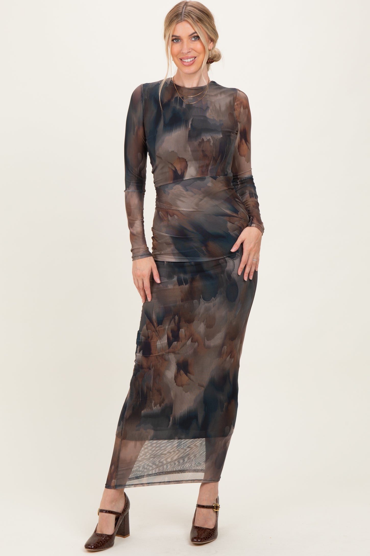 Brown Mesh Multicolor Brush Stroke Print Maxi Dress