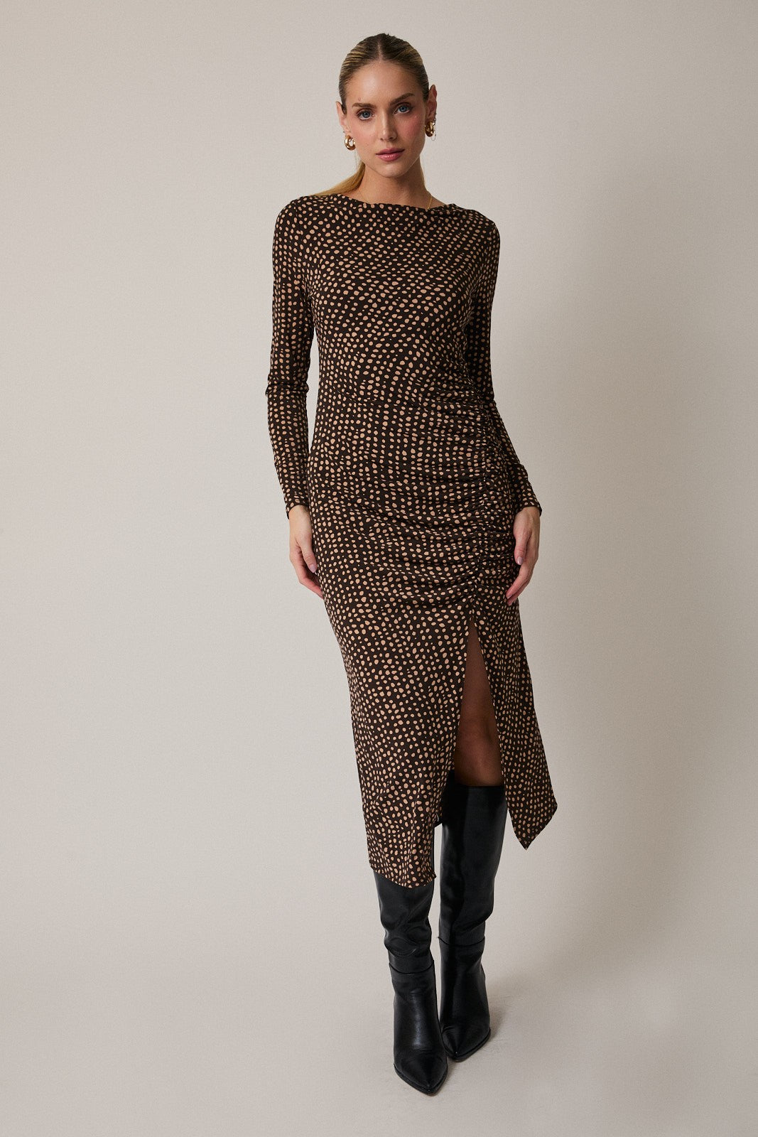 Brown Printed Ruched Side Slit Maternity Midi Dress