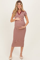 Burgundy Striped Collared Maternity Midi Dress