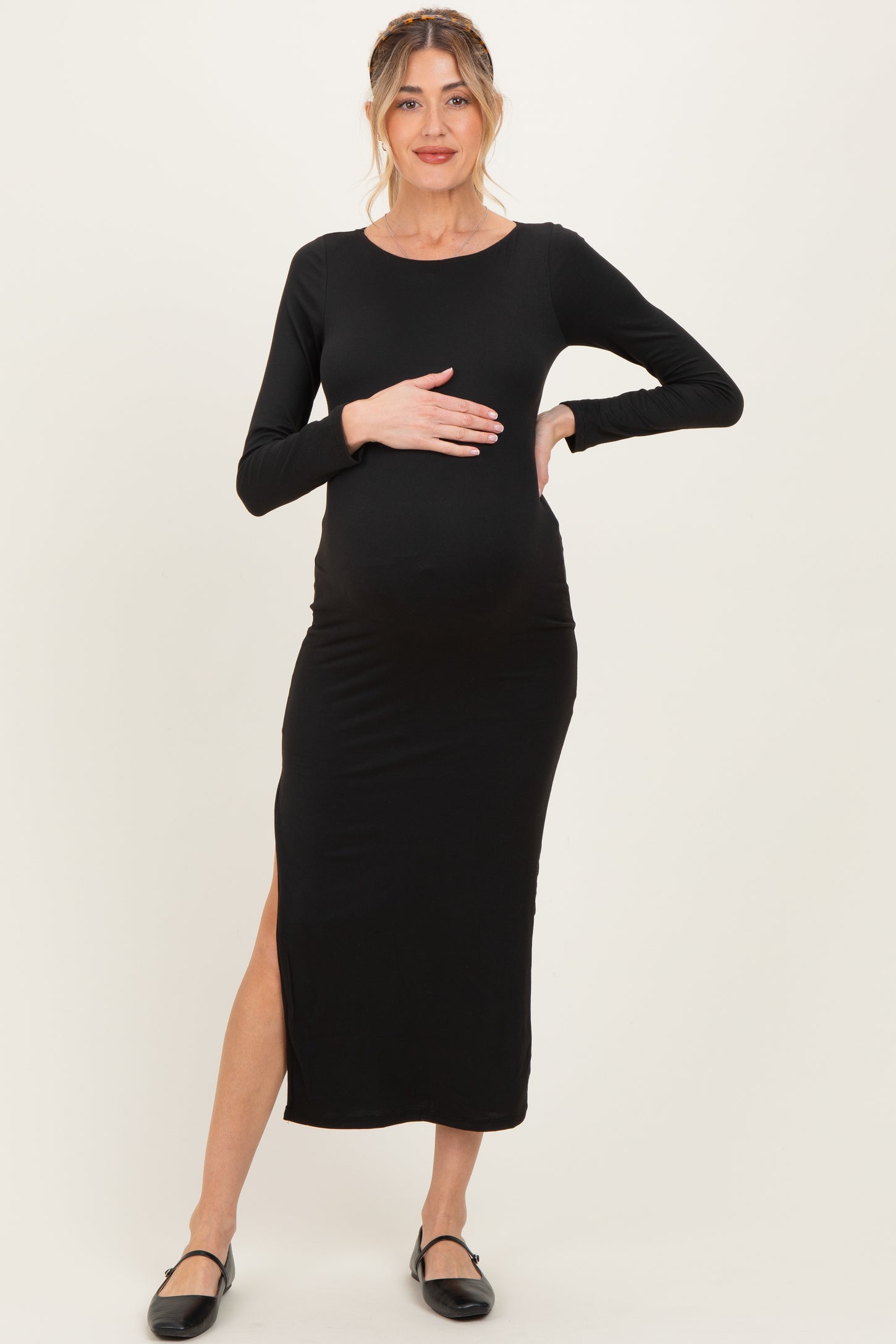 Black Boat Neck Fitted Long Sleeve Side Slit Maternity Maxi