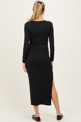 Black Boat Neck Fitted Long Sleeve Side Slit Maternity Maxi