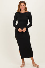 Black Boat Neck Fitted Long Sleeve Side Slit Maternity Maxi