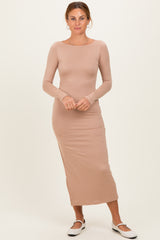 Beige Boat Neck Fitted Long Sleeve Side Slit Maternity Maxi