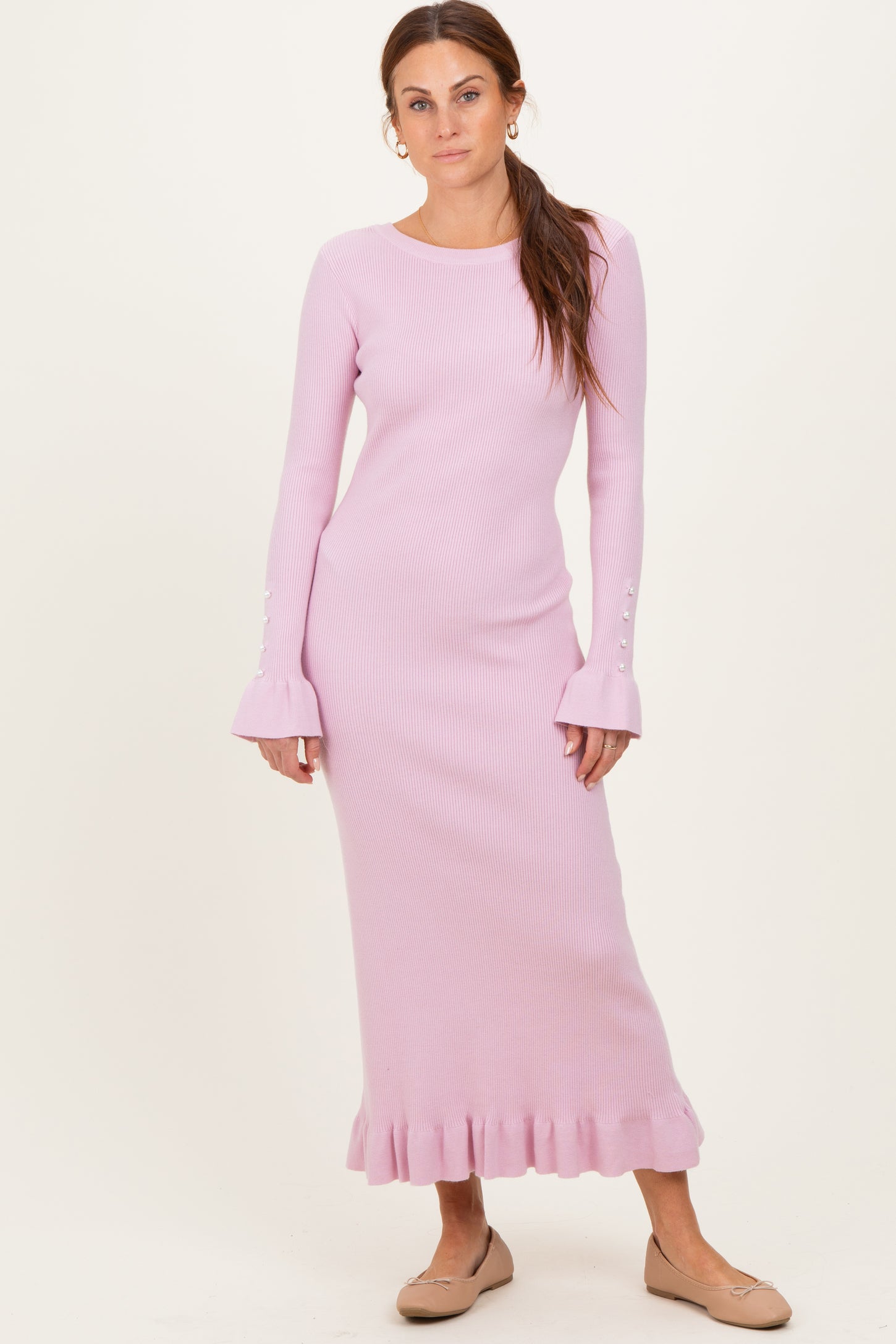 Light Pink Ribbed Knit Bow Back Maxi Dress
