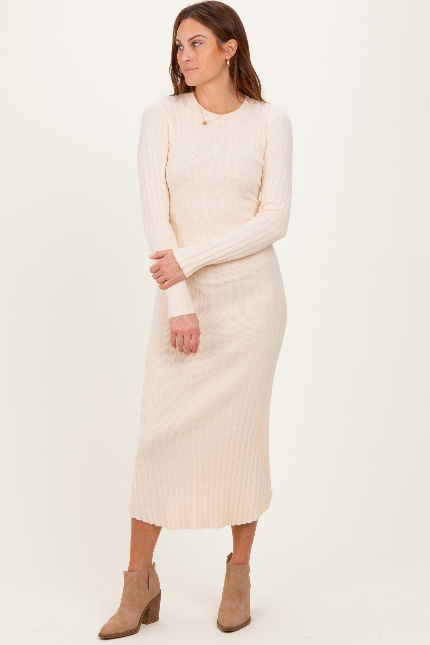 Cream Ribbed Knit Fitted Maternity Midi Sweater Dress