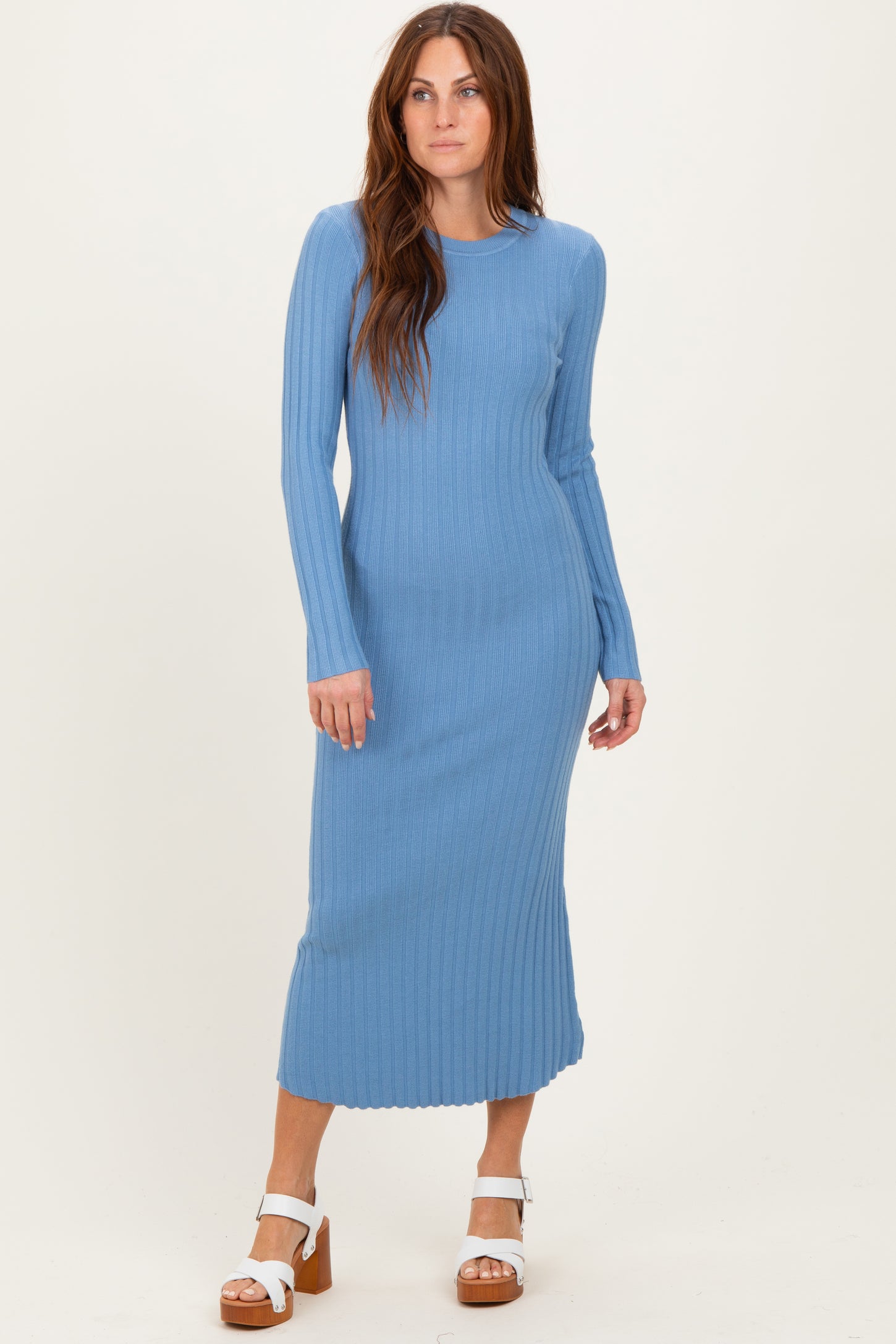 Blue Ribbed Knit Fitted Maternity Midi Sweater Dress