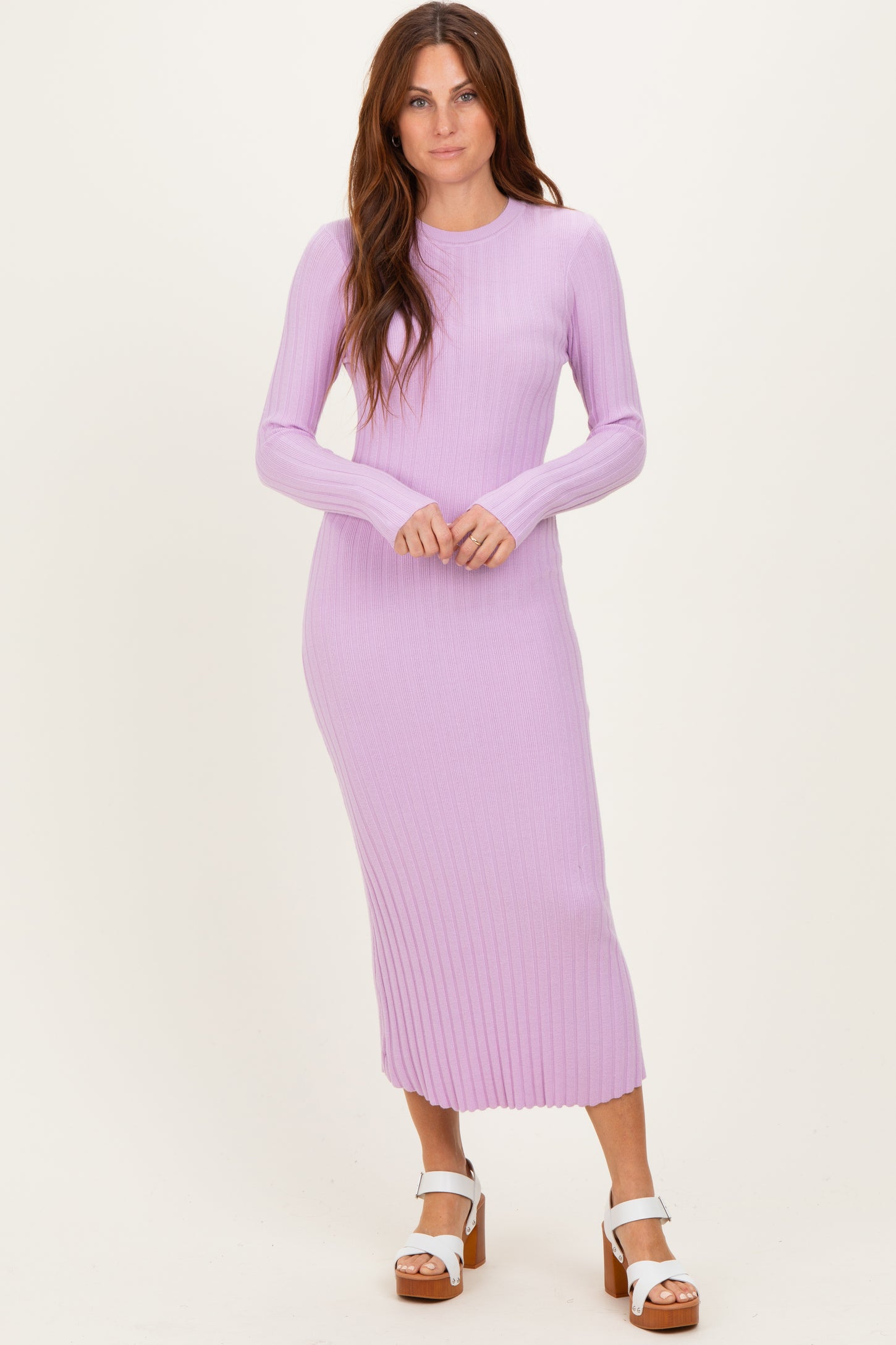 Lilac Ribbed Knit Fitted Maternity Midi Sweater Dress