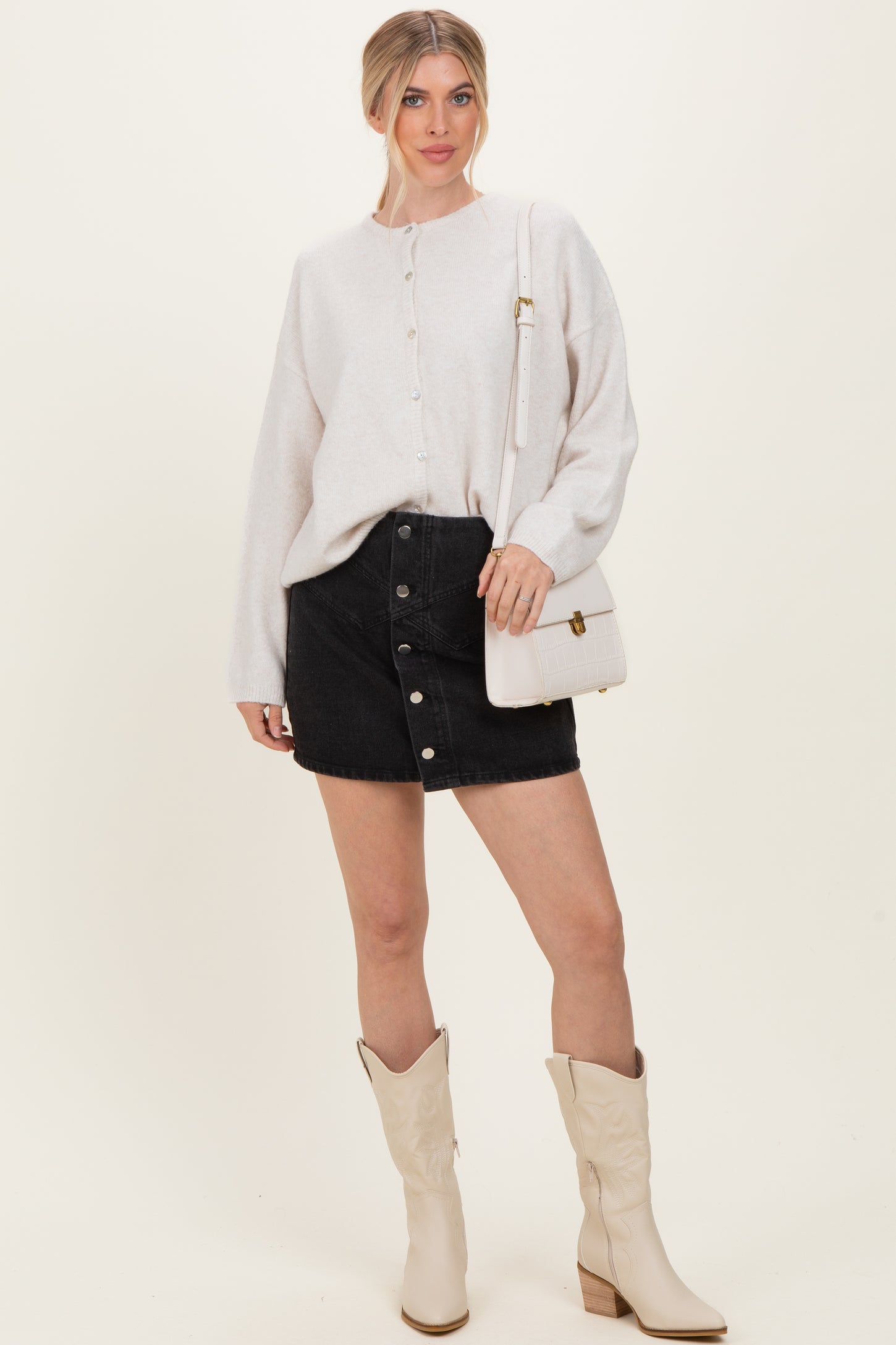 Ivory Classic Crew Neck Button Cardigan