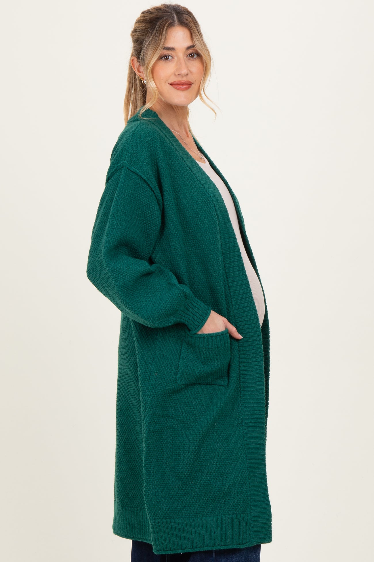 Forest Green Oversized Waffle Knit Long Maternity Cardigan