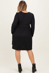 Black Textured Rib Long Sleeve Maternity Plus Dress