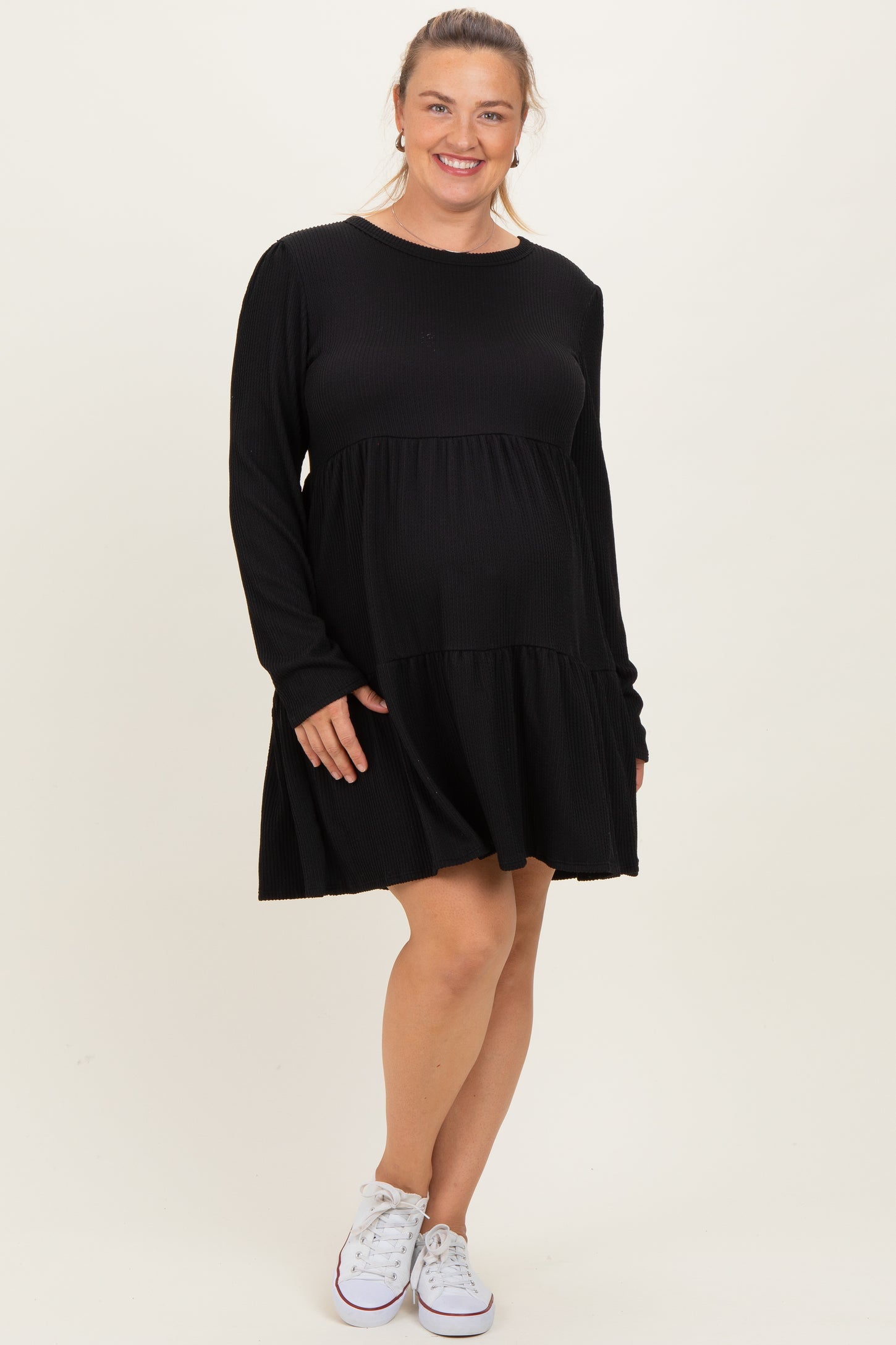 Black Textured Rib Tiered Long Sleeve Maternity Plus Dress