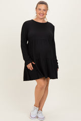 Black Textured Rib Tiered Long Sleeve Maternity Plus Dress