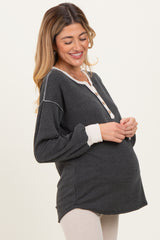 Charcoal Textured Rib Bubble Sleeve Maternity Henley
