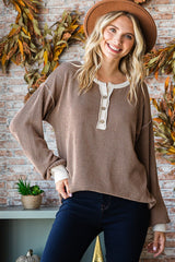 Mocha Textured Rib Bubble Sleeve Maternity Henley