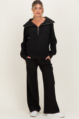 Black Ribbed Half Zip Pullover Wide Leg Pant Maternity Set