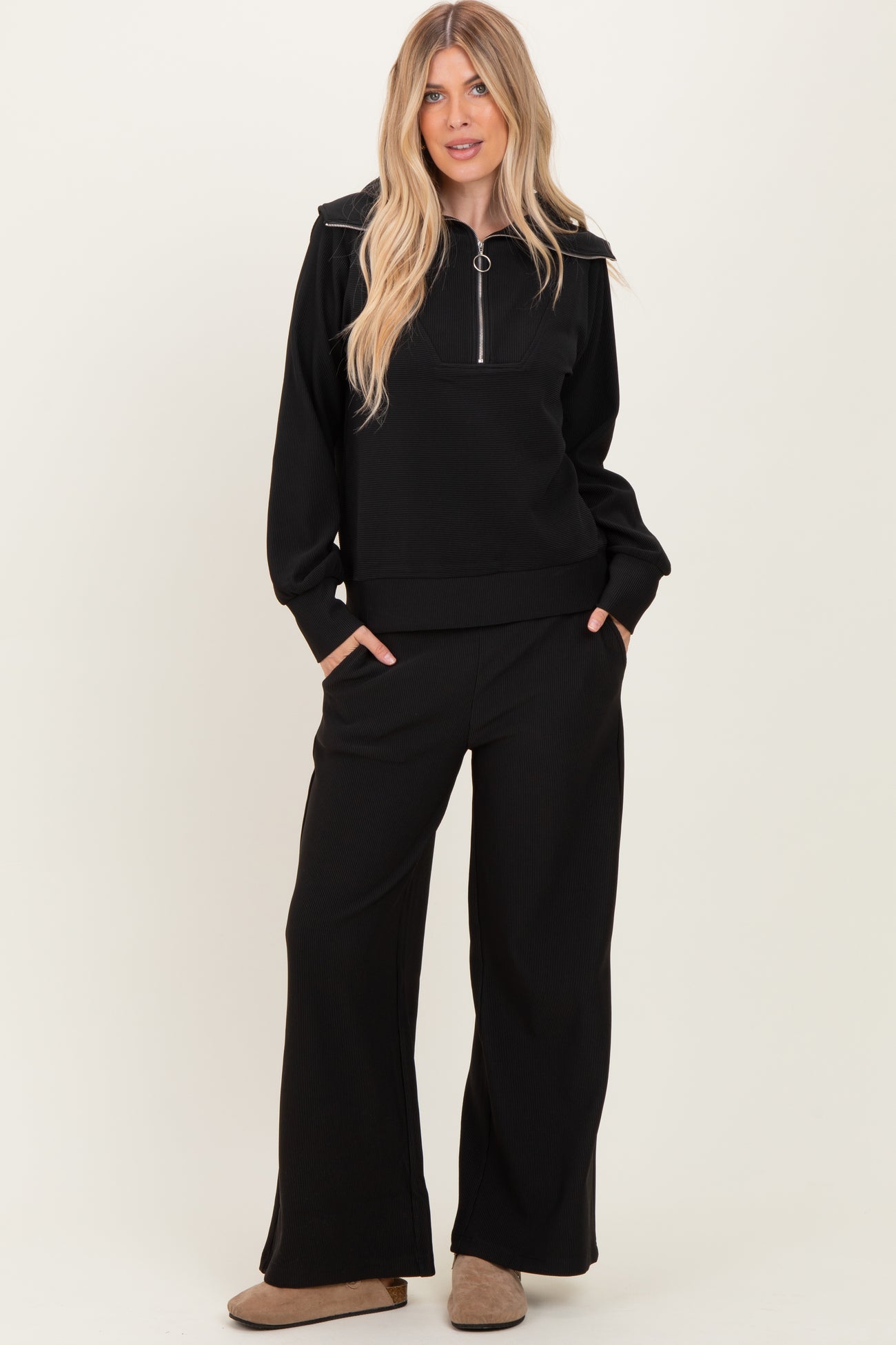 Black Ribbed Half Zip Pullover Wide Leg Pant Set