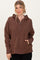 woman wearing a brown long sleeve hooded sweatshirt with button details and a front pocket